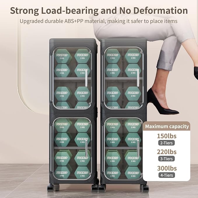 2 Tier Slim Bathroom Storage Cabinet, Foldable and Movable, Black | Tools Free, ABS and PET, Magnetic Clear Door, Adjustable Shelves, Lockable Wheels, Water Resistant, For Narrow Space - Image 6