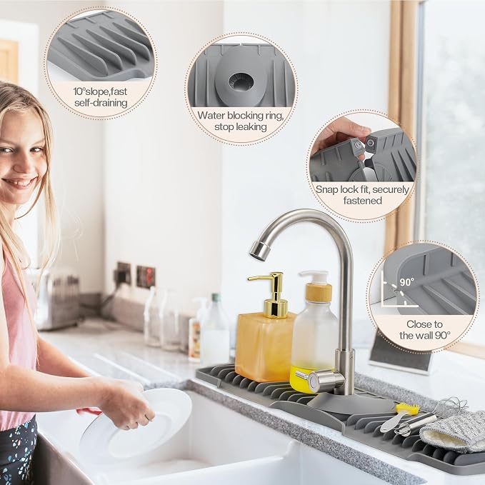 24 Inch Faucet Mat for Kitchen Sink, Kitchen Sink Splash Guard | Sink Protector, Upgrade, Silicone, 10°Slope Fast Self-draining, Snap Lock Fit for Kitchen and Bathroom Countertop - Image 3
