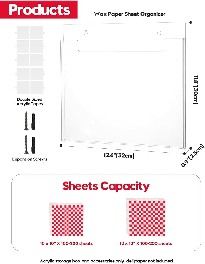 Wall-Mounted Parchment Paper Sheets Holder, Wax Paper & Deli Wraps Organizer for 10×10in/12×12in, Clear Acrylic Dispenser with Screws & Tapes for Kitchen & Bakery, Holds 100–200 Sheets - Image 4