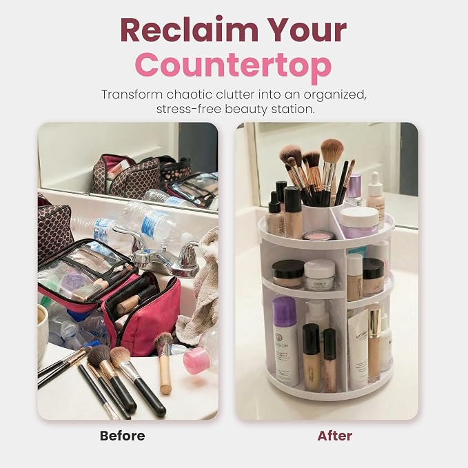Masirs 360 Rotating Makeup Organizer Countertop, Adjustable Shelf, White | 360-Degree Rotating Makeup Organizer, Adjustable Shelf Height, Cosmetic Perfume Skincare Storage, Vanity Countertop, White - Image 5