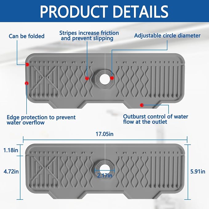 Sink Splash Guard Gen2-17" x 6'' Kitchen Sink Accessories,Silicone Sink Mat Splash Guard,fit for Countertop, Bathroom,Farmhouse,RV by EBIGIC (Grey) - Image 2
