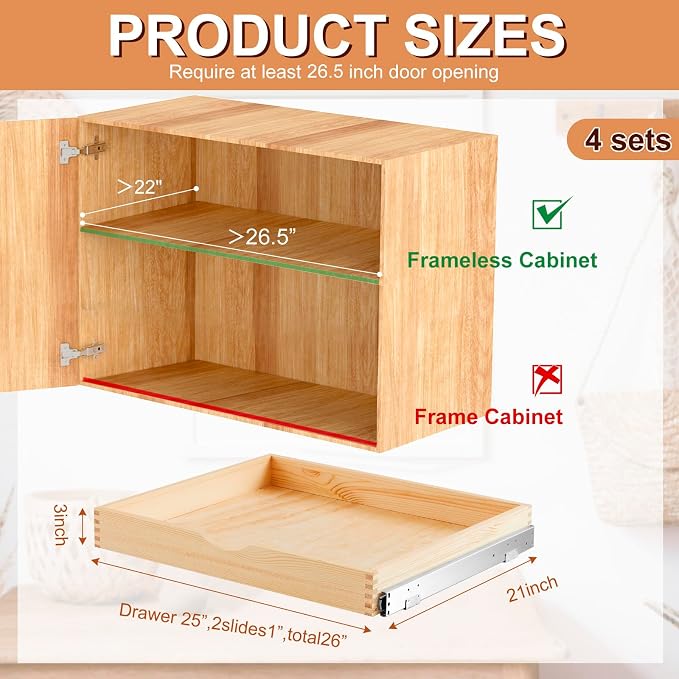 Sintuff 4 Pack Wooden Pull out Tray Cabinet Organizer Gentle Close Roll out Shelves for Kitchen Cabinets Fully Assembled Slide Pantry Shelves (26'' X 21'') - Image 7