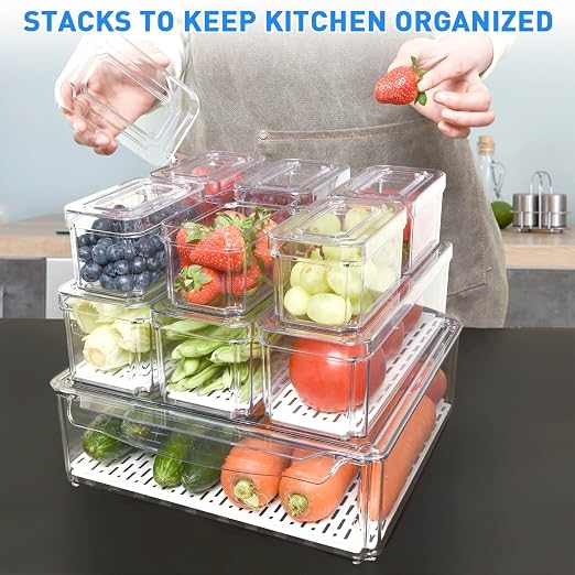POMEAT 10 Pack Fridge Organizer, Stackable Refrigerator Organizer Bins with Lids, Produce Fruit Storage Containers for Storage Clear for Food, Drinks, Vegetable Storage - Image 4
