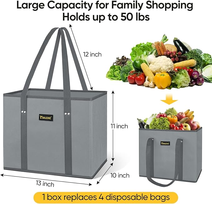 BALEINE 3PK Reusable Grocery Bags, Heavy Duty Shopping Tote Bag | 12'' Long Handles, Reinforced Bottom Keeps Upright, Fold Flat Storage, Water-Resistant Shopping Bag, Multiple Color Options - Image 3