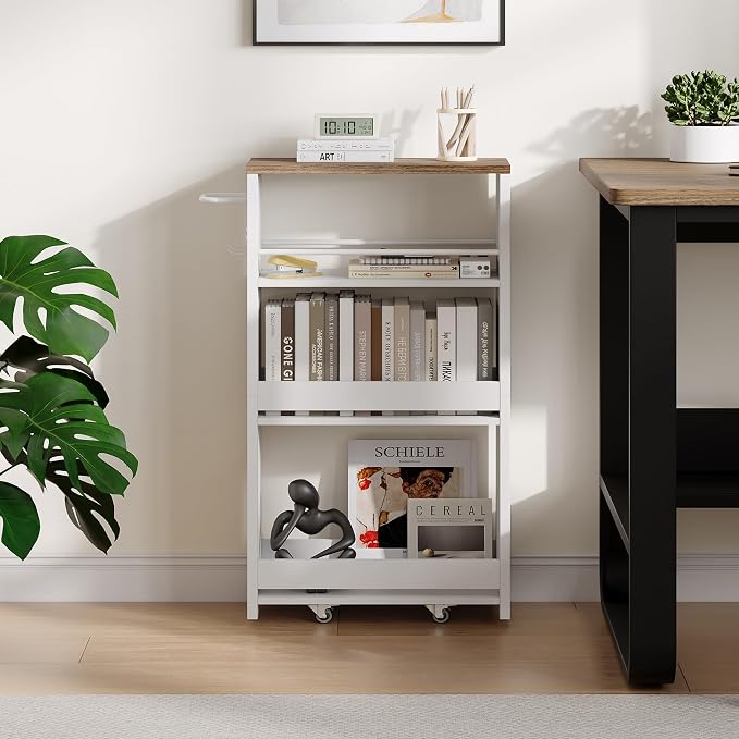 ChooChoo 4-Tier Slim Storage Cart, 7.87 inches Wide Narrow Storage Cabinet with 360° Wheels and 2 Hooks, Space-Saving Organizer for Kitchen, Narrow Places, Dining Room, Walnut+White - Image 6