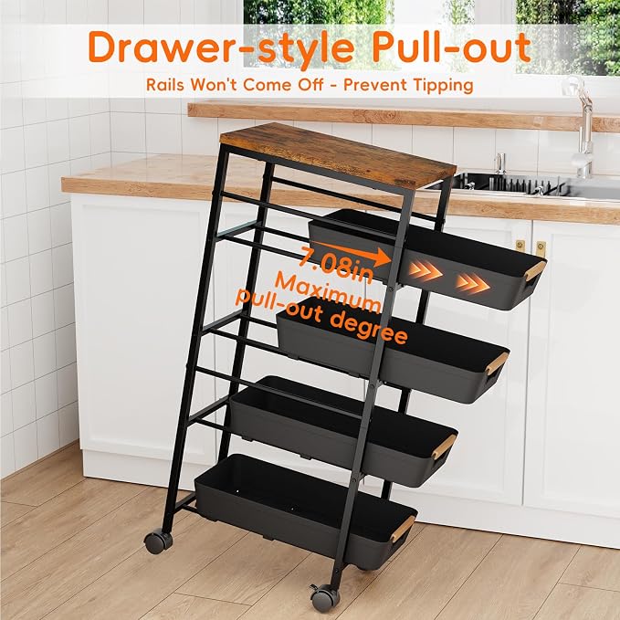 5-Tier Slim Storage Cart, Wooden Top Rolling Kitchen Cart with Pull-Out Baskets & Wheels, Narrow Space Utility Cart Slide Out Organizer for Kitchen, Bathroom, Laundry Room, Black - Image 3