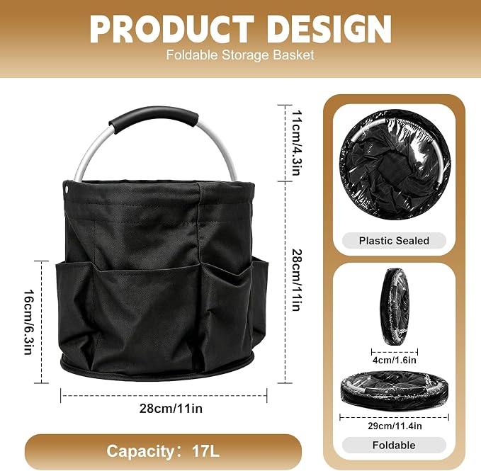 17L Cleaning Caddy with Handle, Foldable Cleaning Supplies Organizer, Portable Storage Bucket Bag for Home & Garden (Black) - Image 2