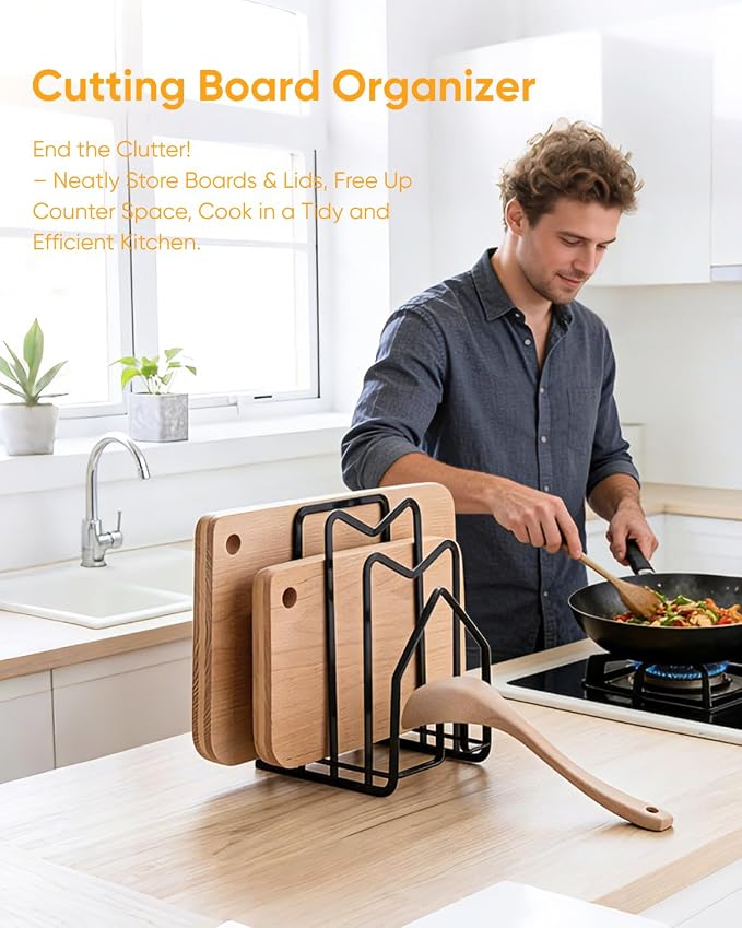 LINFIDITE Cutting Board Holder Chopping Boards Organizer Holder Kitchen Countertop Pot Pan Lids Rack Kitchenware Organizer Flat Steel 4.92 x 5.7 x 8.47 in. Black - Image 2