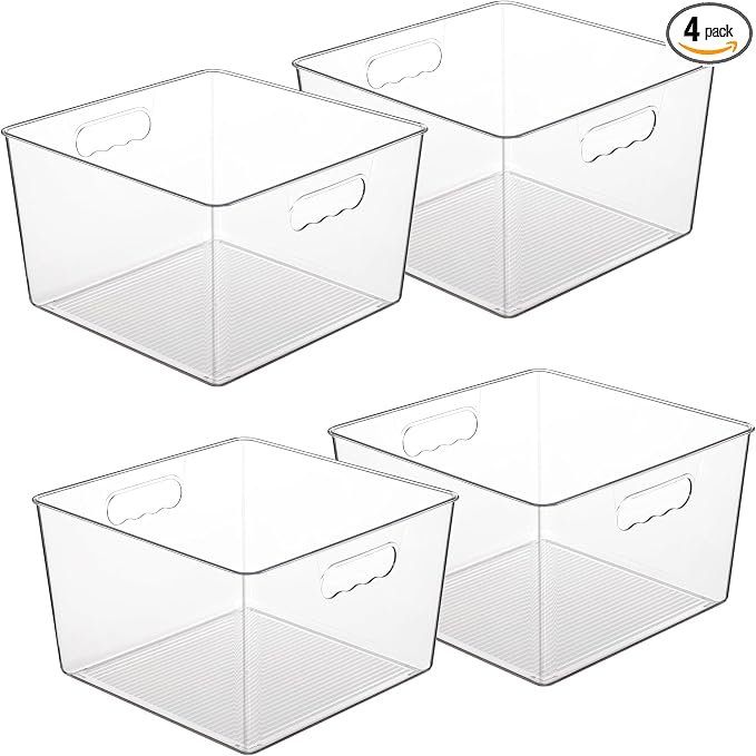 Vtopmart 4 Pack Extra Large Clear Storage Bins, 11x11 Cube Organizer | Acrylic Cube Storage Bins, Plastic Containers with Handle for Pantry, Kitchen, Closet, Laundry Room, Bathroom, Under Sink by Vtopmart