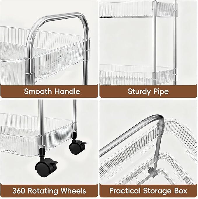 STARLATTA 3 Tier Rolling Cart with Lockable Wheels, Clear Acrylic Utility Trolley with Handle, Heavy-Duty Storage Organizer for Kitchen Bathroom Nursery Laundry - Snack Book Craft Organizer (Clear) - Image 4