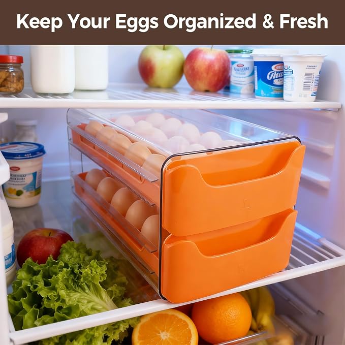 Egg-Holder for Fridge, Fits Small to Large Eggs, Orange | 36 Egg-Storage for Refrigerator Countertop, 2 Tier Dispenser with Drawer, Stackable Clear Egg Tray Container - Image 6