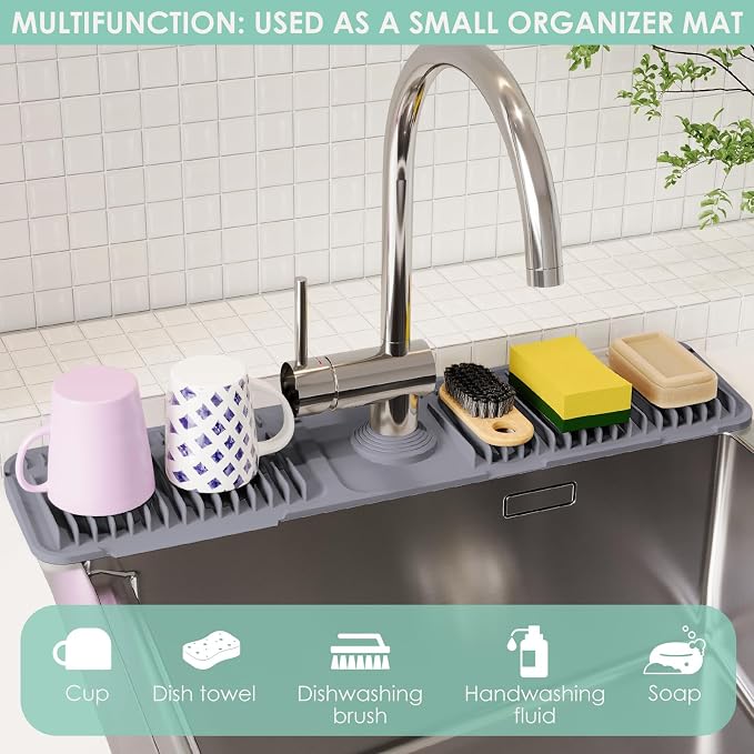 24-Inch Silicone Faucet Mat for Kitchen Sink Splash Guard, 7° Slope | 24"x5.5" water draining mat with fasten button; 1.6-2.75" customizable hole for bathroom, RV & kitchen sink drip catcher. - Image 7