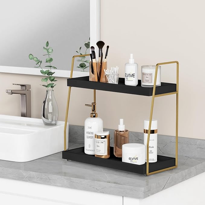 Forbena Black and Gold Bathroom Organizer Countertop, 2 Tier Counter Organizer for Bathroom Decor, Modern Sink Shelf Organizers for Vanity Storage, Make upTray for Makeup Bedroom - Image 4