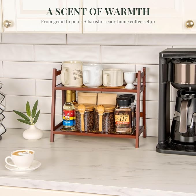 ANBOXIT Matcha Station Organizer, Countertop Bamboo Coffee & Tea Station | Rattan-Look 2 Tier Mug Holder Display Stand for Kitchen Condiment, Coffee Accessories, Home, Office - Brown - Image 4