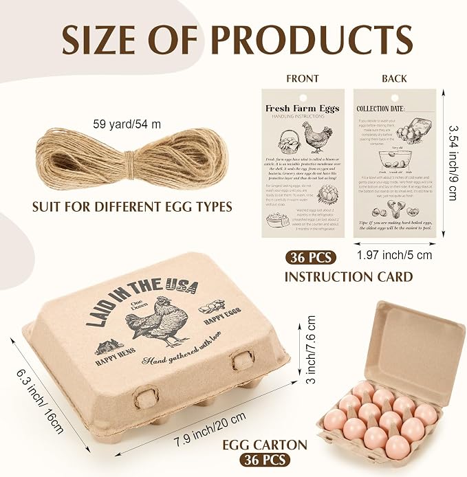 36 Pack Egg Cartons Bulk 3x4 12-Egg Paper Pulp with Label Cards | Empty Holders for Farm Fresh Produce, Vintage Style, Instruction Cards Jute Rope, Supermarkets Kitchen, Blank Customizable - Image 2