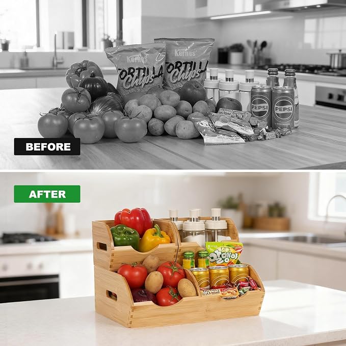 Bamboo Pantry Storage Bins,Fruits and Vegetables Basket | Stackable Potato & Onion Storage Bin for Kitchen Countertop,Multiuse - Set of 3 Pack - Image 2