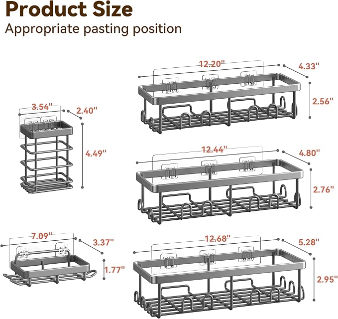 Shower Caddy Adhesive, Rustproof Shower Organizer, Wall Shower Rack | Large Capacity Shower Shelves for Inside Shower, Shampoo Shower Holder, Grey, 3 Caddies, 1 Soap Dish, 1 Toothbrush Holder - Image 2