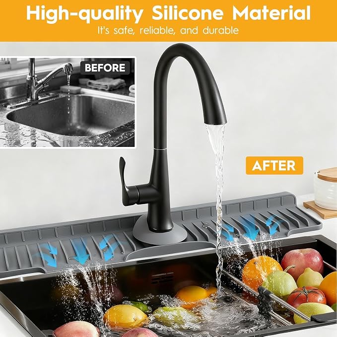 16" Silicone Faucet Mat for Kitchen Sink of The Lastest, Dark Grey | 8° Slope Fast Self-draining, Kitchen Sink Water Splash Guard, Behind Faucet Draining Mat, for Bathroom Kitchen Sink Area - Image 4