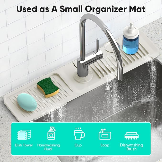 24'' Faucet Mat for Kitchen Sink [5°Slope Fast Self-draining] Faucet Mat Kitchen Sink Splash Guard Silicone Sink Faucet Mat Splash Guard Kitchen Sink Area Tidy Splash Faucet Guard Draining Mat-Beige - Image 7
