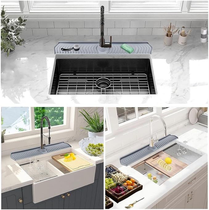 Large Size Kitchen Sink Splash Guard, 30"Silicone Faucet Handle Drip Catcher Tray Mat for for Kitchen Countertop, Bathroom, Farmhouse (Grey, 30" x 5.7") - Image 3