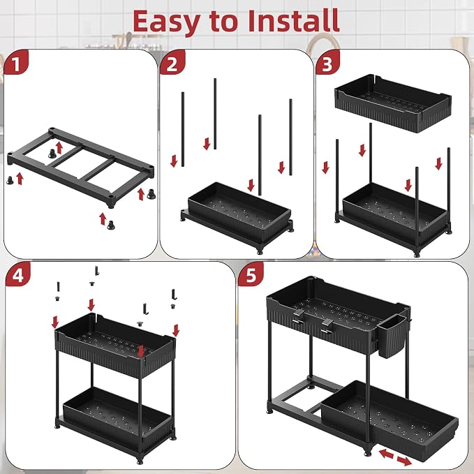 4-Pack 2-Tier Under Sink Organizer with Pull Out Drawers | Multi-use kitchen & bathroom storage. Includes hanging hooks and cups. Black, space-saving cabinet design. - Image 9