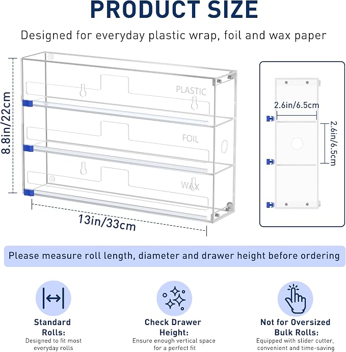 3 In 1 Acrylic Aluminum Foil, Plastic Wrap Organizer with Cutter | Clear Kitchen Storage for Wax Paper Dispenser Holder, For Drawer or Wall Mount, Fits 12 Inch Roll - Image 2