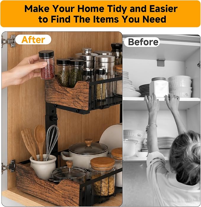 Pull Out Cabinet Organizer 2 Tier Metal Under Sink Organier | Shelf 5 Adjustable Height, Wood Handle, Anti Topple Over, Sturdy Slide out Storage Rack for Bathroom Kitchen Home Pantry - Image 7