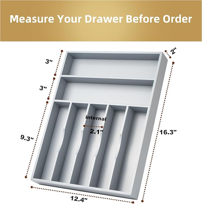 Bamboo Silverware Holder Drawer Utensil Organizer with 7 Slots Gray | 13 Inch, 7 Divided Slots, Gray Bamboo Wooden, Organize Kitchen Bedroom Office, Flatware Spoon Fork Cutlery Tray - Image 2