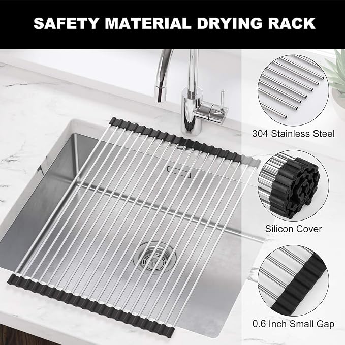 SunCleanse Roll Up Dish Drying Rack, Over The Sink Dish Drying Rack Kitchen Rolling Dish Drainer, Foldable Sink Rack Mat for Kitchen Sink Counter (17.8"x11.8") | Kitchen counter mat, rolling design, stainless steel, multipurpose, space-saving and stable - Image 4