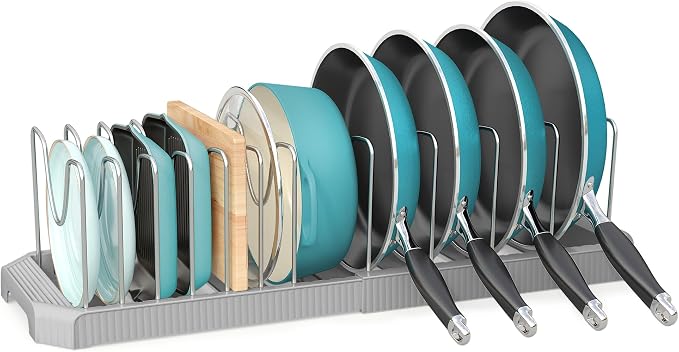 Expandable Pan Organizers Inside Cabinet with 12 Dividers Grey | Extends 12.9-21.9", Holds cookie sheets, cutting boards, pot lids and pans, iron dividers, plastic base, under cabinet rack by Pantasia