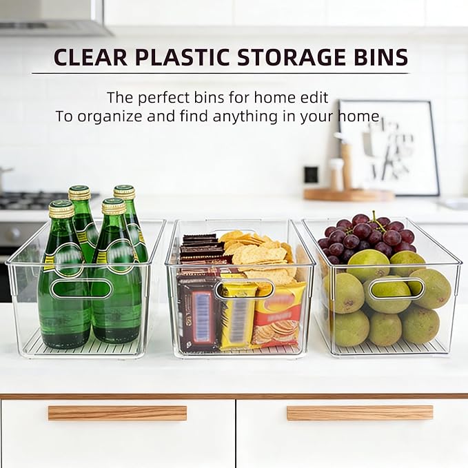 6 Pack Thick Clear Stackable Storage Bins, Cabinet Organizer, Plastiic Containers with Handle for Kitchens, Bathrooms and Fridge and Desktop - Image 3