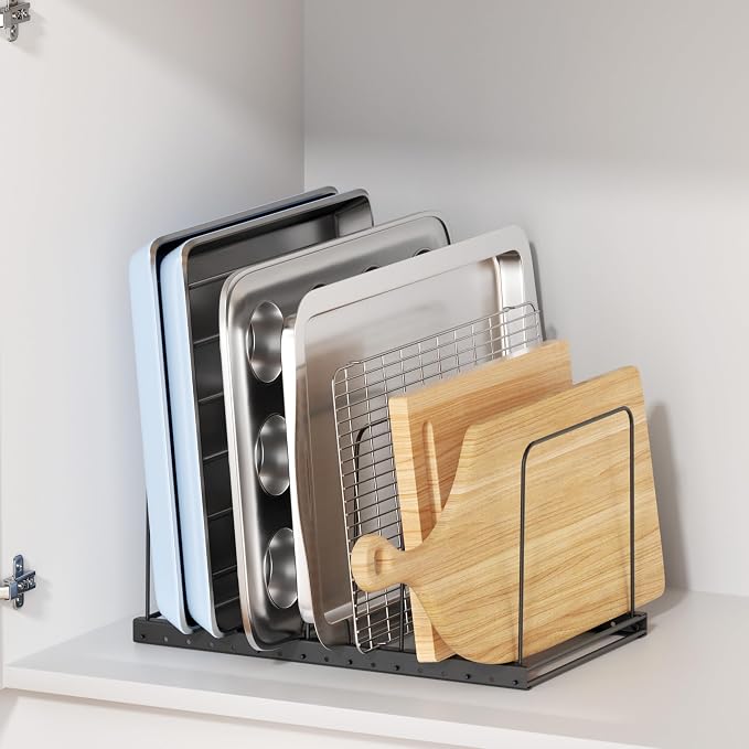 Cutting Board Organizer Rack for Cabinet with 7 Adjustable Dividers | 7 adjustable dividers. Holds cutting boards, cookie sheets, baking trays and thin pans, Wire rack for cabinet or countertop by ORDORA