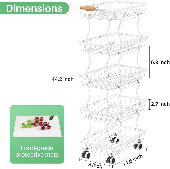 SAYZH 5-Tier Fruit Basket Stand with Vegetable Baskets for Kitchen, White | Stackable Metal Wire Basket, Sturdy Rolling Storage Carts for Kitchen, Pantry Organizer, Snack and Jar Storage - Image 2