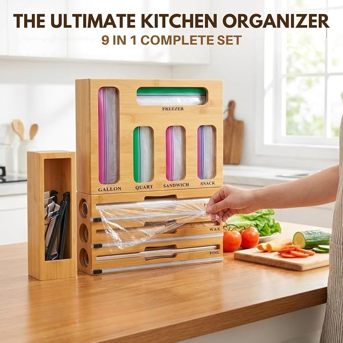 9 in 1 Bamboo Kitchen Drawer Organizer for Storage Bags, Foil & Plastic Wrap Holder with Built-In Cutter, Fits Gallon, Quart, Sandwich, and Snack - Image 8