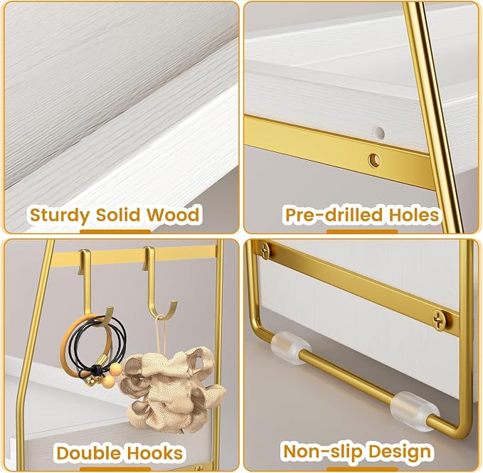 2-Tier Bathroom Counter Organizer with Drawer, Wood Counter Storage Shelf | Bathroom Vanity Organizer Countertop for Makeup, Skincare, Perfume, with Removable Basket, 13.4" x 7.9" x 14.5", White Gold - Image 6