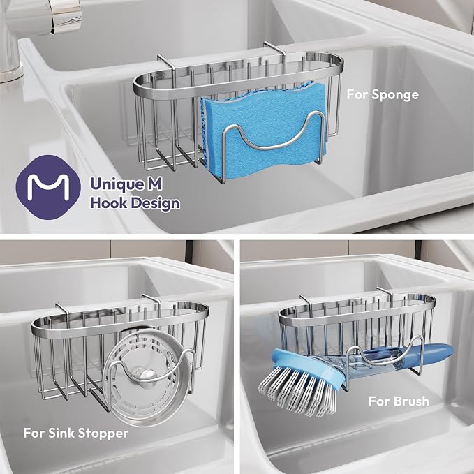 SWTYMIKI Sponge Holder for Kitchen Sink - Movable Kitchen Sink Caddy with M Shape Hook Stainless Steel Hanging Sponges Caddy Organizer in Double Bowl Sinks Depth>3.15in, Middle divider<1.5in, Silver L - Image 3