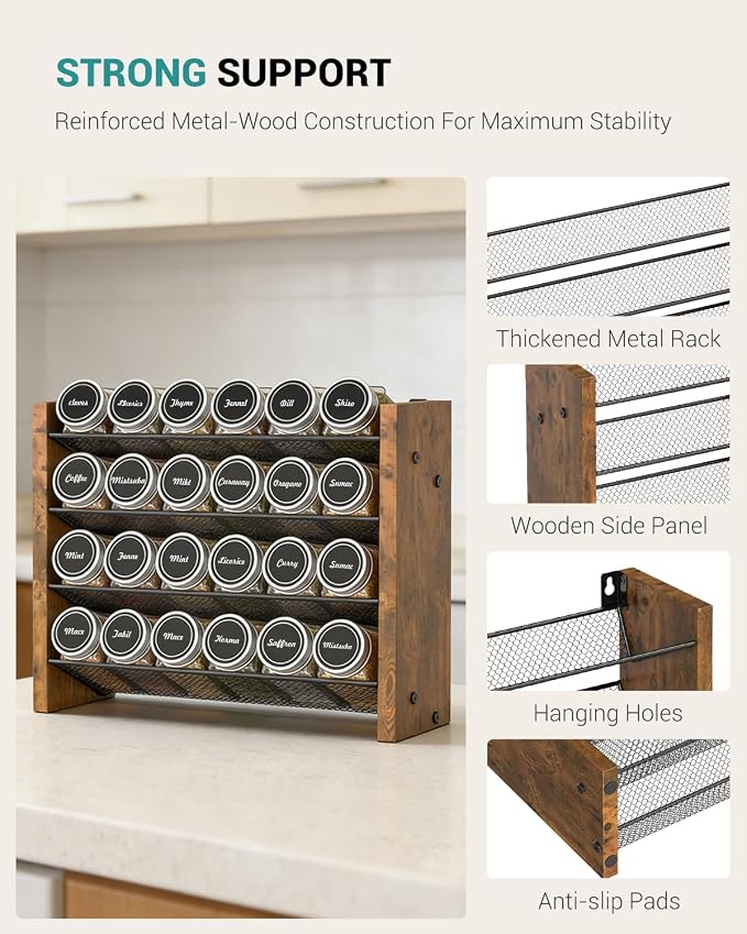 Spice Rack Organizer with 24 Glass Jars, for Cabinet Wall Mount Countertop | 4-Tier Seasoning Organizer with Labels, Chalk Marker & Funnel for Pantry, Kitchen Storage, Wood,12.2 in W x 9.4 in H - Image 8