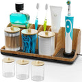 Bathrooms Toothbrush Holder Set with 3 PCS Qtip Holder (Wood Grain) | Easy to clean, Drainage, Detachable, Non-Slip, Kids Electric Toothbrush and Toothpaste Holder for Bathroom Counter Organizer by PARKMANI