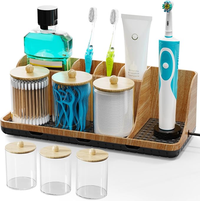 Bathrooms Toothbrush Holder Set with 3 PCS Qtip Holder (Wood Grain) | Easy to clean, Drainage, Detachable, Non-Slip, Kids Electric Toothbrush and Toothpaste Holder for Bathroom Counter Organizer by PARKMANI