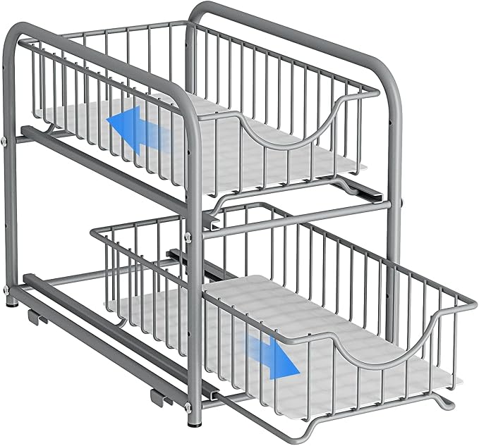 2-Tier Pull Out Organizer Under Sink Sliding Cabinet Rack,Sliver | Stackable sliding basket metal organizer with adjustable height and anti slip pad. Ideal for under sink or cabinet storage. - Image 5