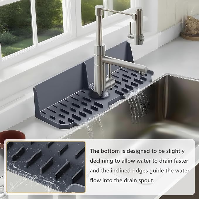 Sink Splash Guard Behind Faucet, Silicone Sink Faucet Drying Mat & Dish Soap Sponge Holder, 17" x 5.5" Silicone Kitchen Sink Auto Drain Organizer (Grey) - Image 5
