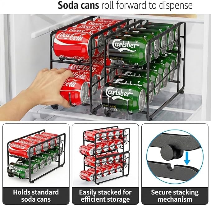 CANYAVE Soda Can Organizer Storage Rack, 2 Pack Stackable Beverage Soda Can Dispenser Organizer Holder for Refrigerator, Cabinet, Pantry (Black) - Image 5