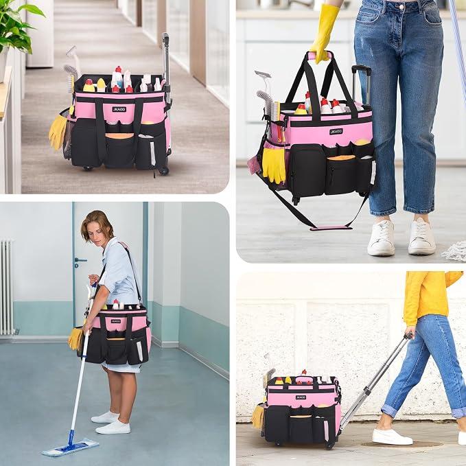 JKAOO Large Rolling Cleaning Caddy Bag with Detachable Trolley, Pink | Waterproof Cleaning Caddy with Wheels, 40L Wheeled Organizer Cart for Supplies, Housekeepers, Home, Office, Car, Picnic - Image 6