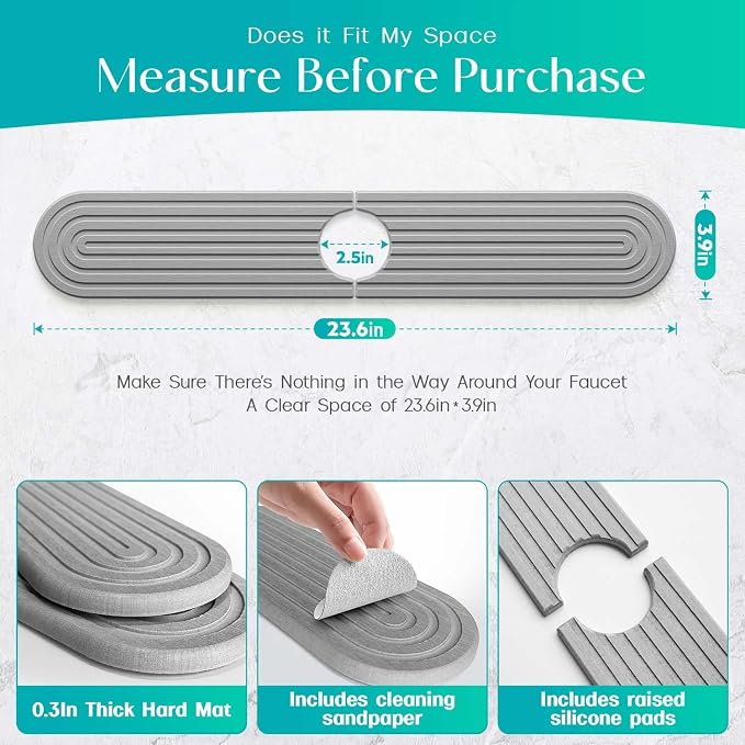 Stone Faucet Mat for Kitchen Sink – Diatomite Fast-Drying Stone Tray, Faucet Mat Sink Splash Guard, Decorative Sink Protector for Kitchen Bathroom Counter [Gray, 23.6''x3.9''] - Image 4