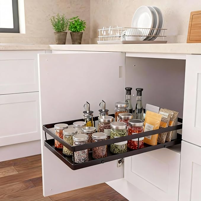 Pull Out Cabinet Organizer, 1-Tier Metal Slide Out Basket | Black metal mesh basket, smooth slide-out rail, no-drill adhesive setup, for frameless kitchen cabinets and pantry storage - Image 8