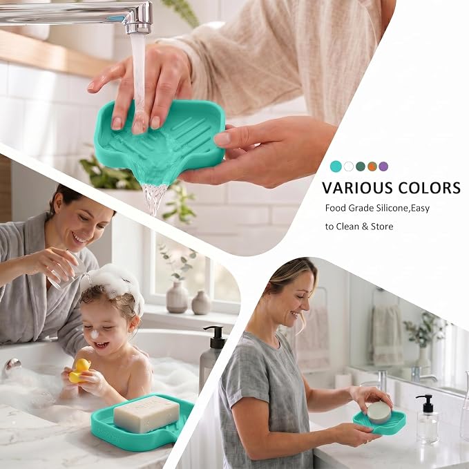 MicoYang Silicone Soap Dish with Drain Spout, Self-Draining Sink Organizer Tray for Bathroom and Kitchen, Sponges, Dispensers and Soap Holder, Non-Slip and Dishwasher Safe, Mint (Compact, 4.9"×3.2") - Image 4