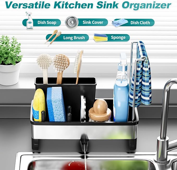 Ewaiira Stainless Steel Sink Caddy, Sponge Holder for Kitchen Sink 9.8″ | with Brush Holder and Towel Rack, Sink Organizer for Countertop, Soap Kitchen Organizers Storage Essentials, Black - Image 3