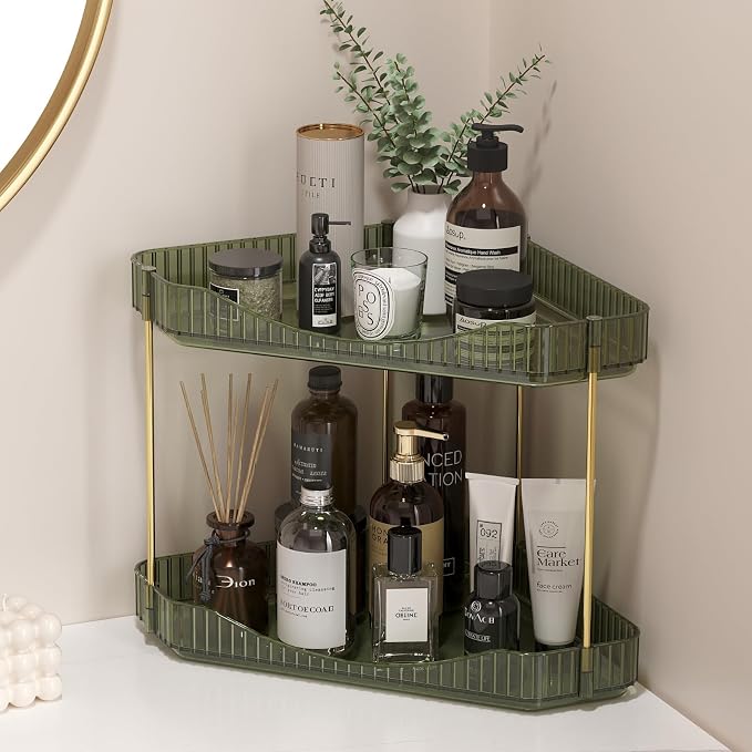 Lifewit 2 Tier Corner Bathroom Counter Organizers and Storage, Green | Plastic Makeup Skincare Organizers Countertop, Large Sink Cosmetic Perfume Shelf for Bedroom, Dresser, Kitchen, Vanity by Lifewit