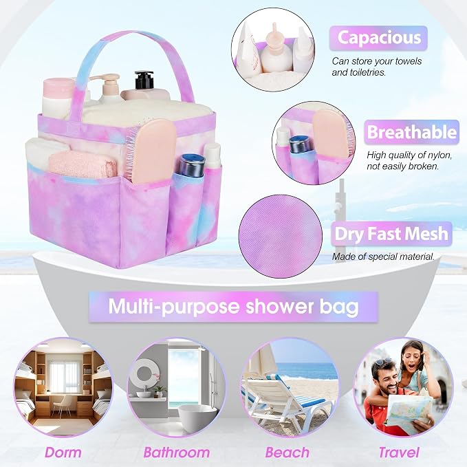 Mesh Shower Caddy Portable - 9 Pockets for College Dorm Room Essential | Large Capacity Mesh Shower Caddy with 9 Pockets, Portable Hanging Toiletry Bag for College Dorm, Gym, Camping and Beach - Image 3