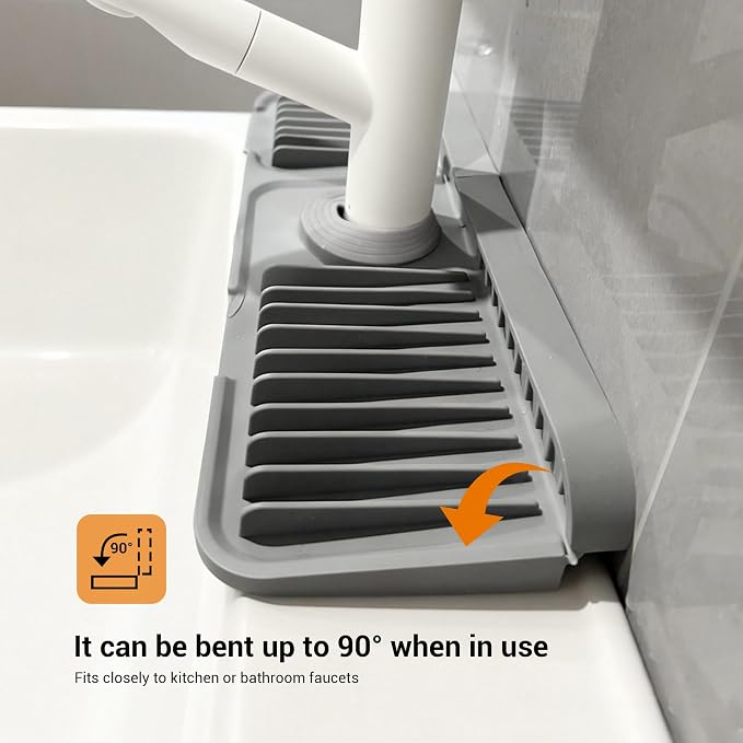 ZJWZLG Faucet Mat for Kitchen Sink, 24"X5.5" Silicone Sink Splash Guard , Snap-On Design & 7°slope Fast Drain, Folding Sink Faucet Mat for Universal Kitchen Bathroom Sink(Grey) - Image 3